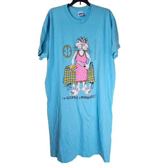 Vintage '91 Anvil "I'm Allergic To Mornings" Cat Graphic T-Shirt OS Sleep Shirt - Picture 1 of 9